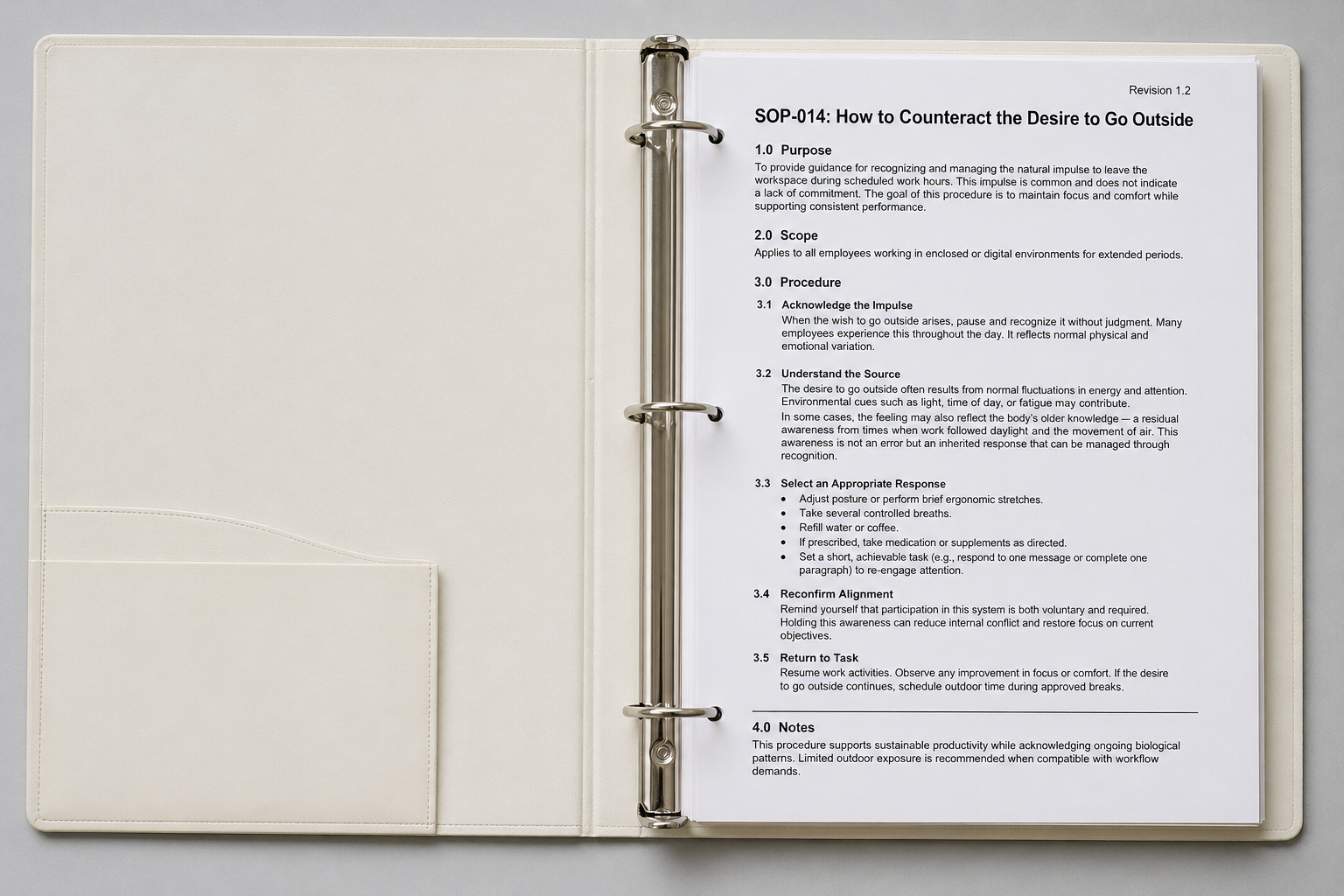SOP-014: How to Counteract the Desire to Go Outside, photographed binder